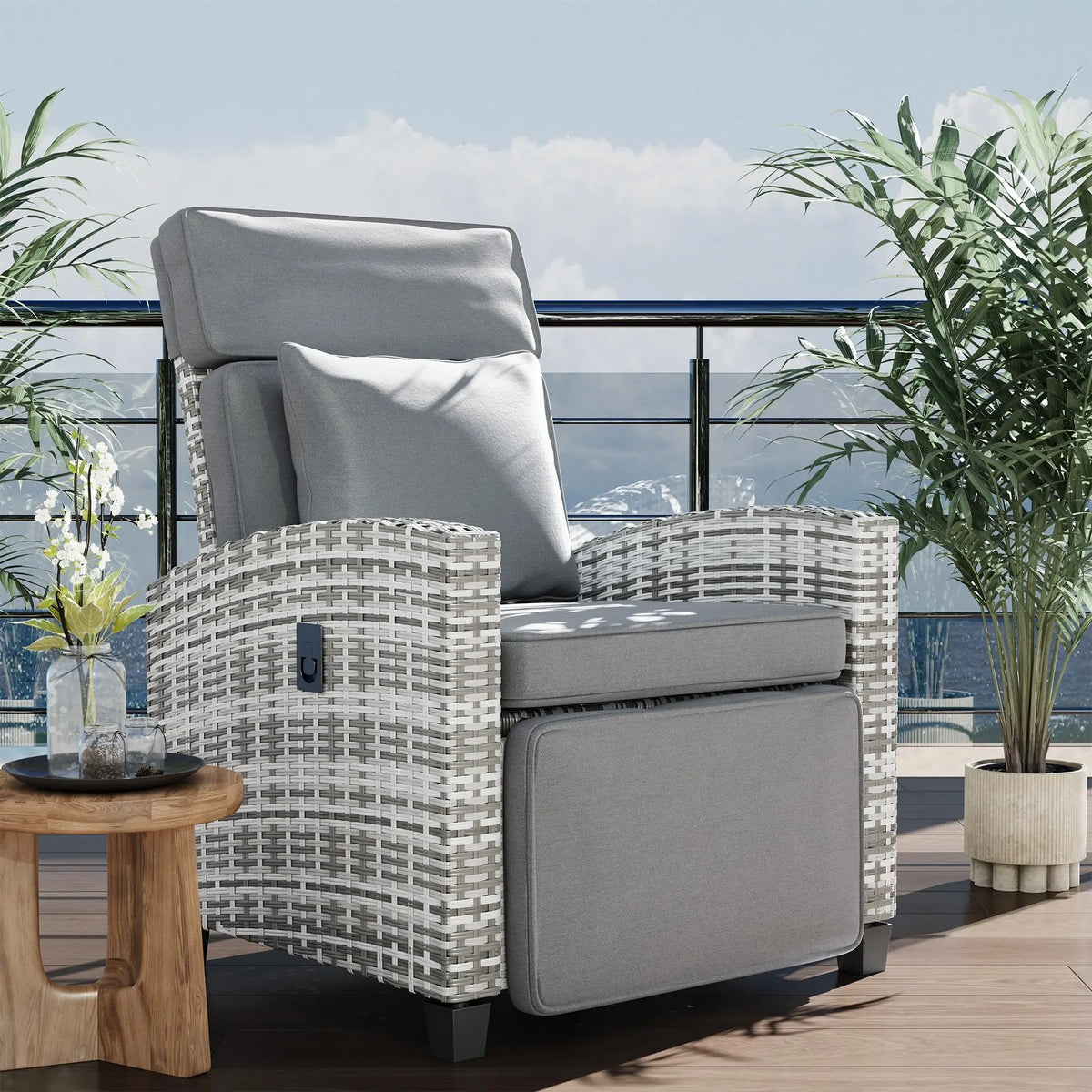 Outdoor Rattan Recliner Chair with Footrest, 145° Adjustable Backrest & Flip-Up Side Table – close-up of gray PE wicker rattan recliner chair frame