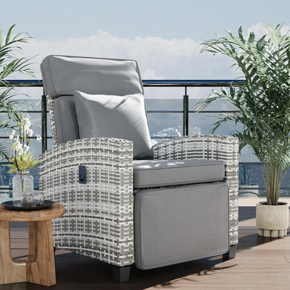 Outdoor Rattan Recliner Chair with Footrest, 145° Adjustable Backrest & Flip-Up Side Table – close-up of gray PE wicker rattan recliner chair frame