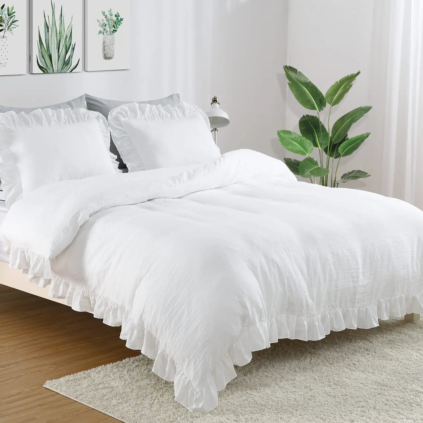 Queen White Microfiber Ruffle Duvet Cover Set, 3-Piece white ruffle duvet cover with soft 4-inch ruffle edging