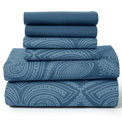 Luxurious 6-Piece Paisley Bed Sheet Set neatly arranged on a bed, showcasing its elegance and comfort.