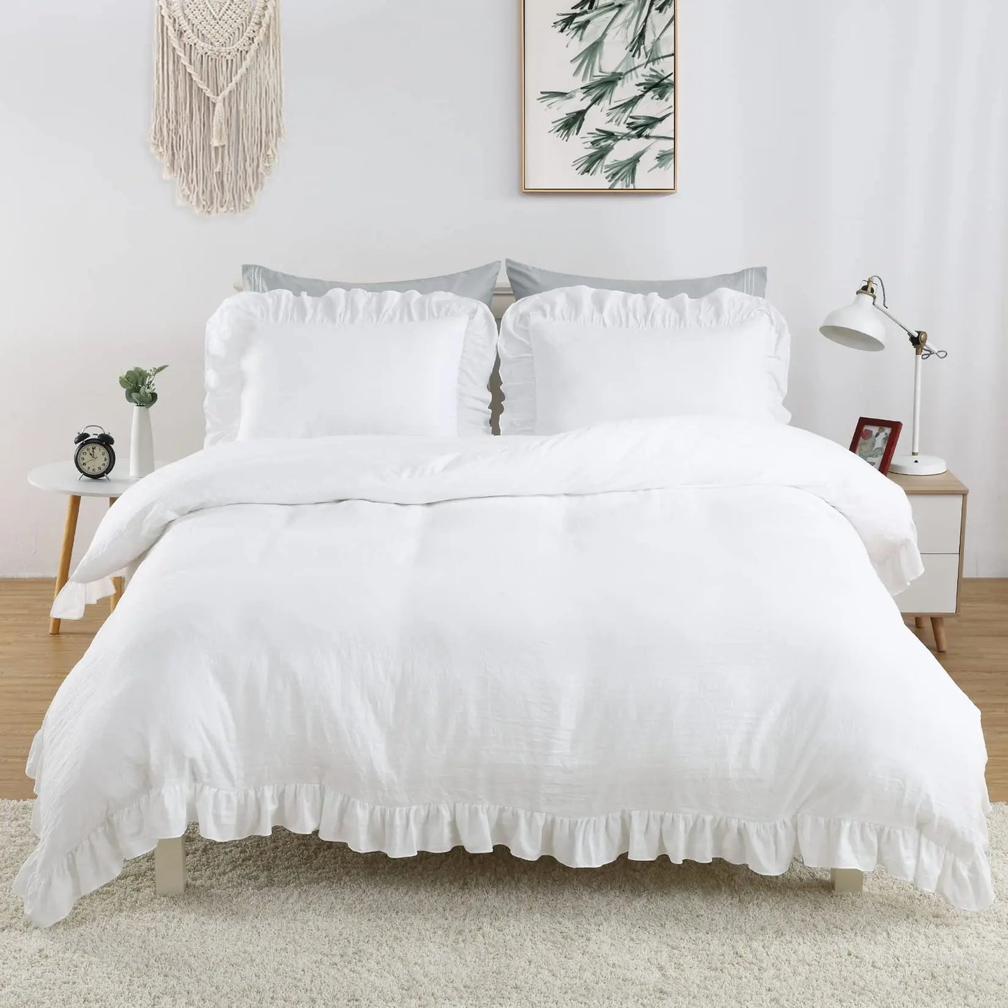 Queen White Microfiber Ruffle Duvet Cover Set, 3-Piece showing the breathable microfiber white ruffle duvet cover and matching pillow shams