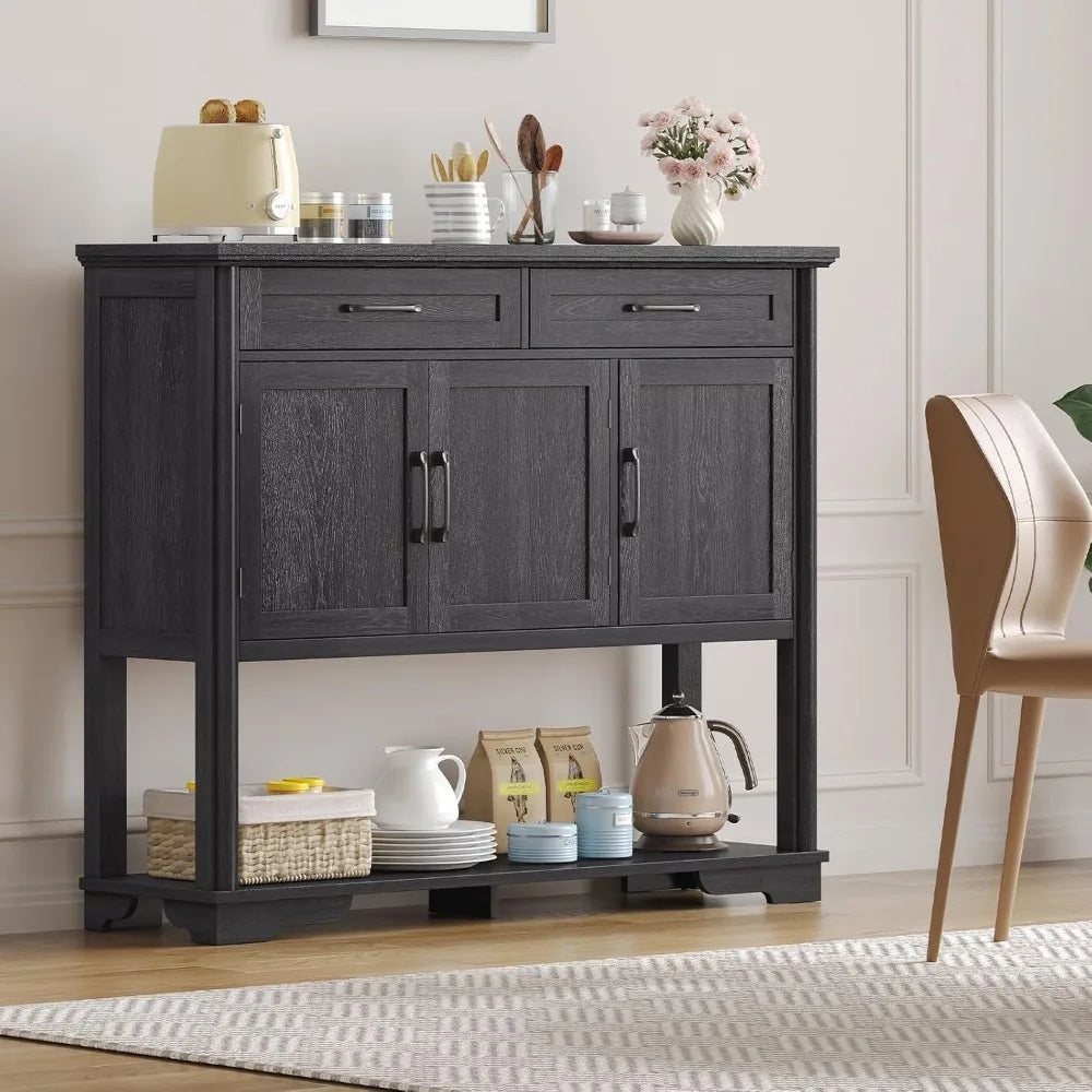 Engineered wood console table displayed as a coffee bar, emphasizing its multifunctional design and warm decor styling.