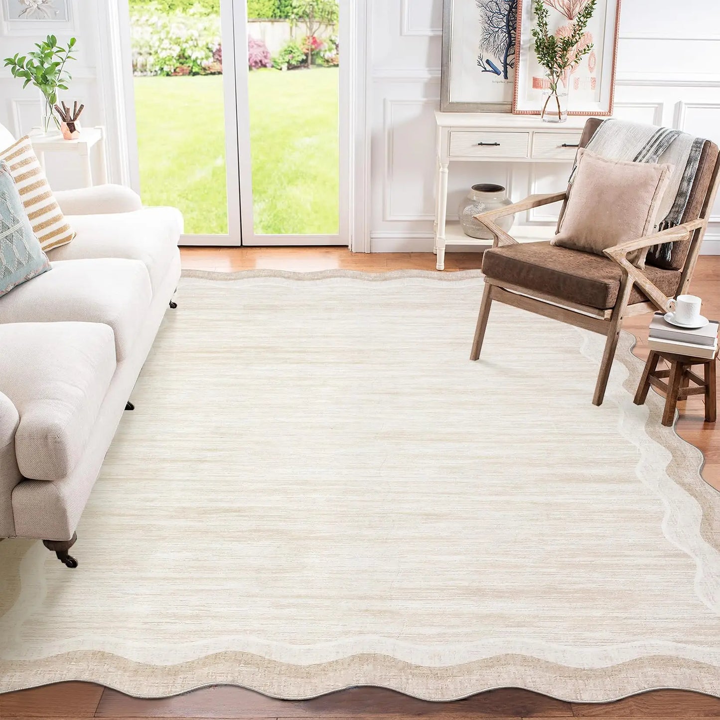 8 x 10 Beige Scalloped Area Rug, Washable Non-Slip Polyester with a Faux Wool Feel, soft beige area rug with scalloped edges