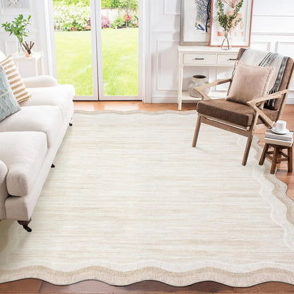 8 x 10 Beige Scalloped Area Rug, Washable Non-Slip Polyester with a Faux Wool Feel, soft beige area rug with scalloped edges