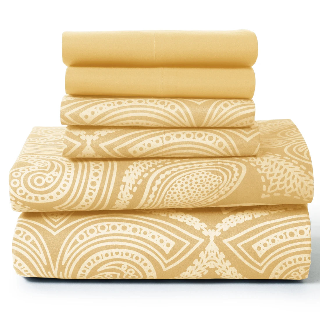 Luxurious 6-Piece Paisley Bed Sheet Set with four matching pillowcases displayed, emphasizing its coordinated style.
