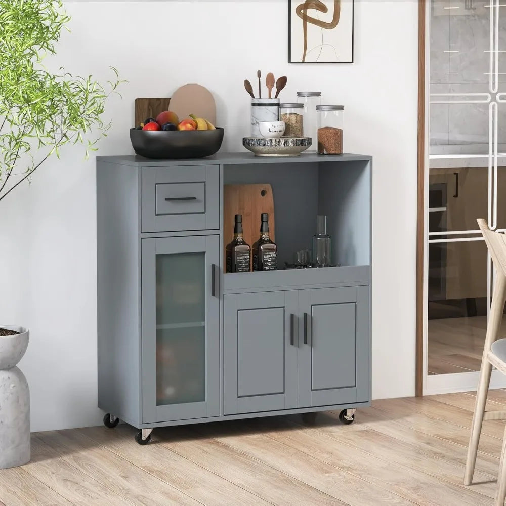 Modern Gray Rolling Kitchen Island Cart with Storage Drawer, Cabinet & Wheels in a kitchen setting, demonstrating its versatility as a coffee bar.