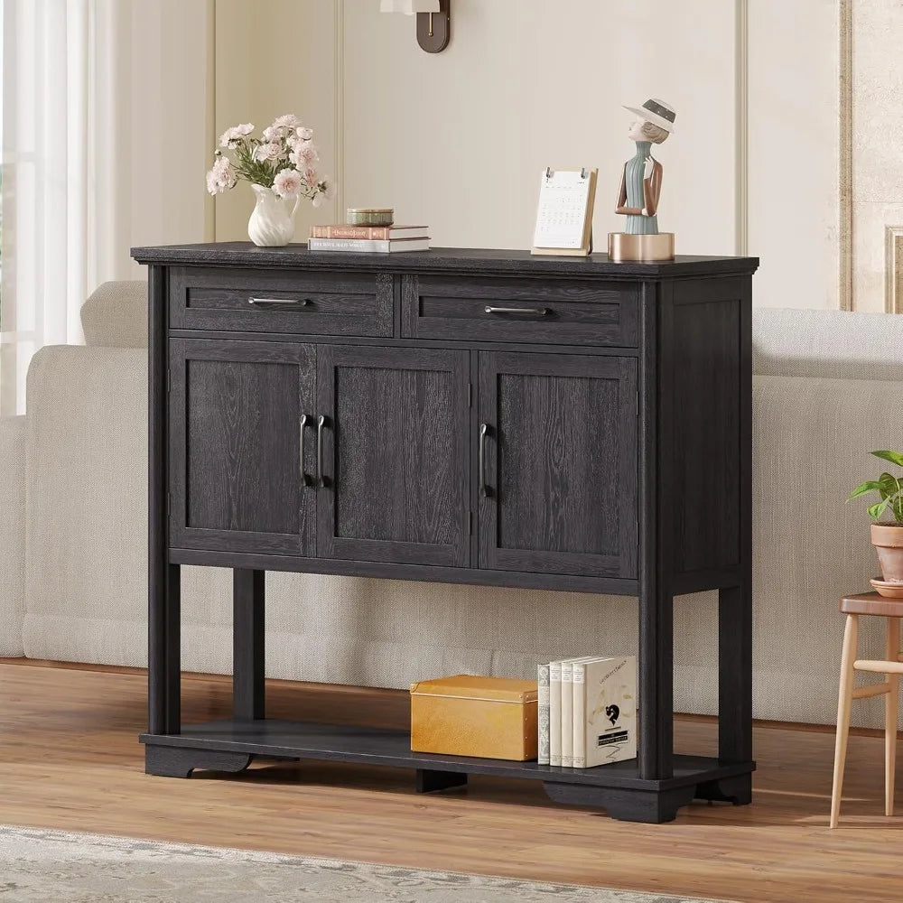 HomelyOasis' engineered wood console table styled with ceramics and decor items, ideal for enhancing entryway aesthetics.