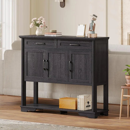 HomelyOasis' engineered wood console table styled with ceramics and decor items, ideal for enhancing entryway aesthetics.
