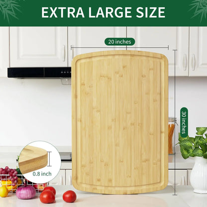 Extra-Large 30 x 20 Inch Bamboo Cutting Board with Juice Groove, Handles & Reversible Butcher Block Design, bamboo cutting board showing the spacious prep surface