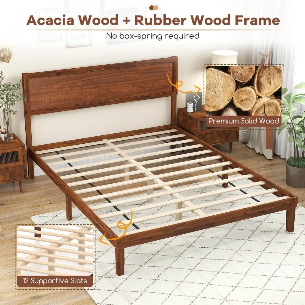 Rustic Walnut Queen Platform Bed Frame with Retro Wood Headboard, Under‑Bed Storage & Solid Wood Slats – No Box Spring Needed for Cozy Modern Bedrooms