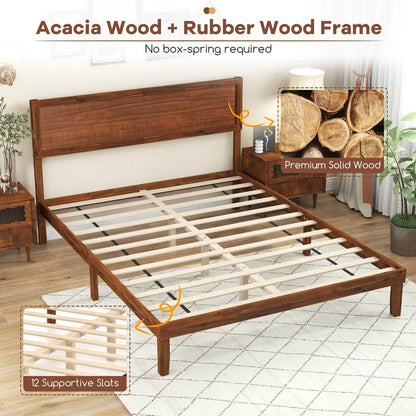 Rustic Walnut Queen Platform Bed Frame with Retro Wood Headboard, Under‑Bed Storage & Solid Wood Slats – No Box Spring Needed for Cozy Modern Bedrooms