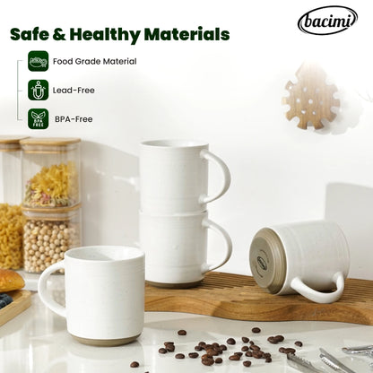 Bacimi 13.5 oz Stoneware Coffee Mug Set of 4, Handcrafted Ceramic Cups for Coffee, Tea & Lattes — eggshell-white stoneware coffee mug set with warm brown rim detail
