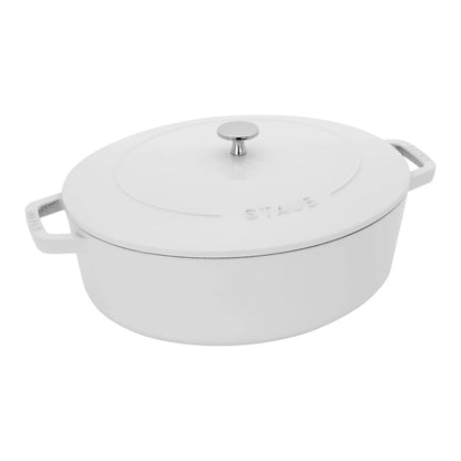 STAUB 6.25-Quart Shallow Oval Dutch Oven, Pure White Enameled Cast Iron for Braising & Roasting, white oval dutch oven shown from the side