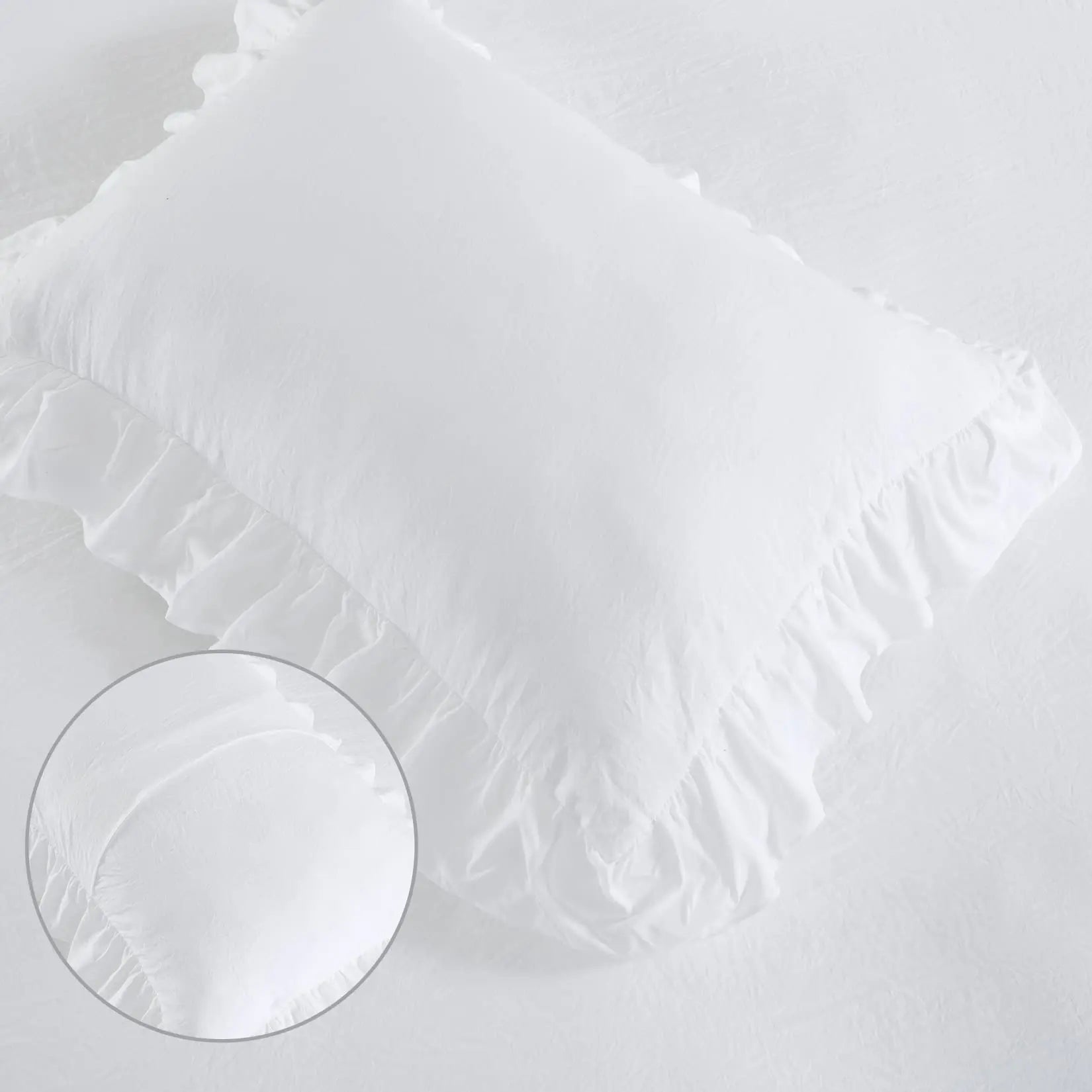 Queen White Microfiber Ruffle Duvet Cover Set, 3-Piece showing the soft washed microfiber texture of the white ruffle duvet cover