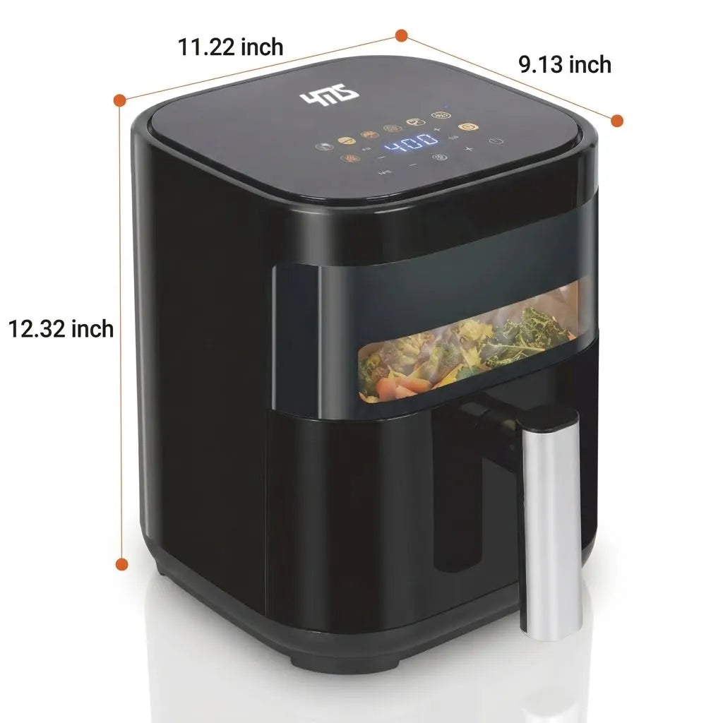 Simple Deluxe 3.2QT Visible Window Air Fryer, 1200W Compact 8-in-1 Touchscreen Air Fryer for Dorms & Apartments displayed on a kitchen counter as a space-saving compact air fryer.