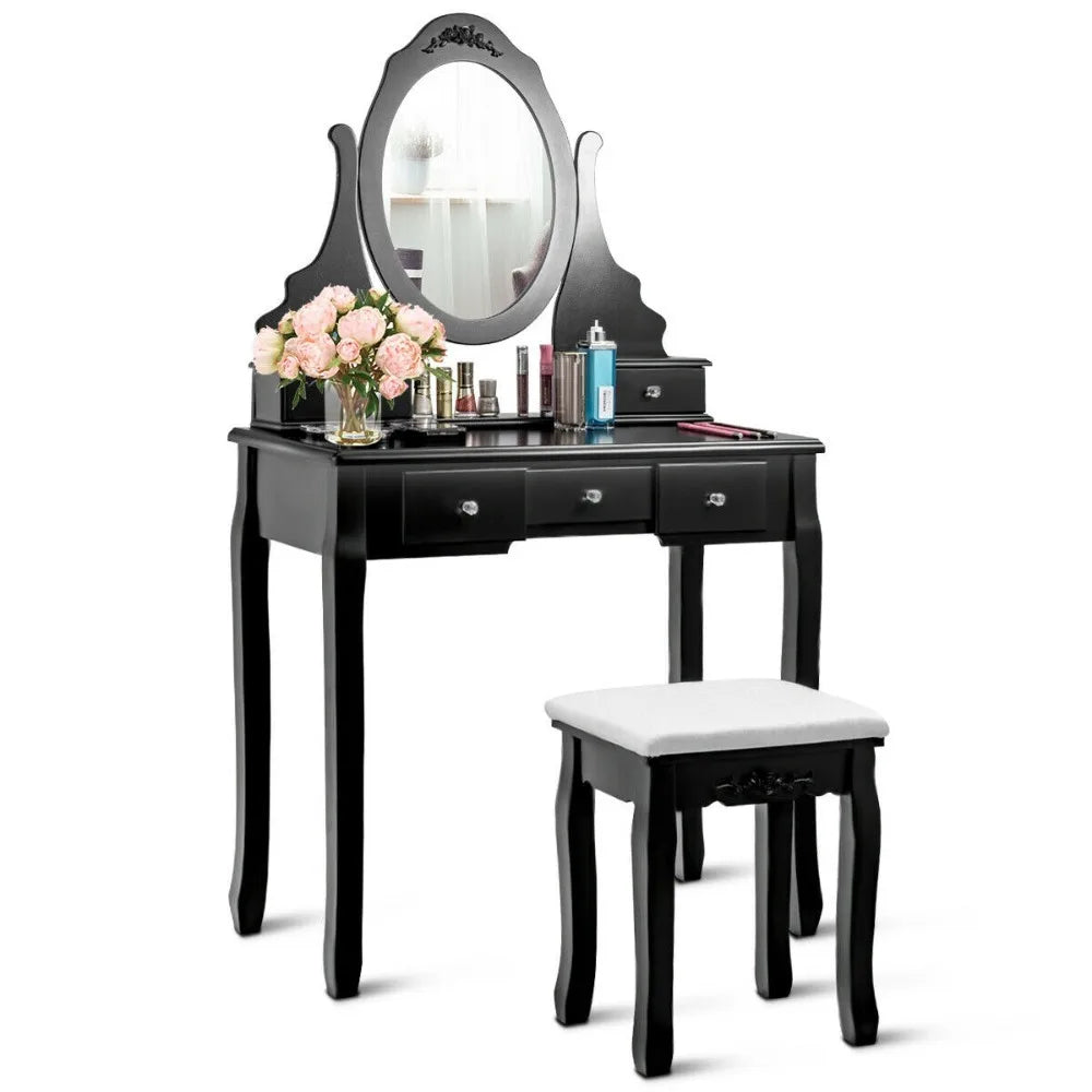 Cushioned stool included in the Black Vanity Table Set for a comfortable and stylish makeup routine.