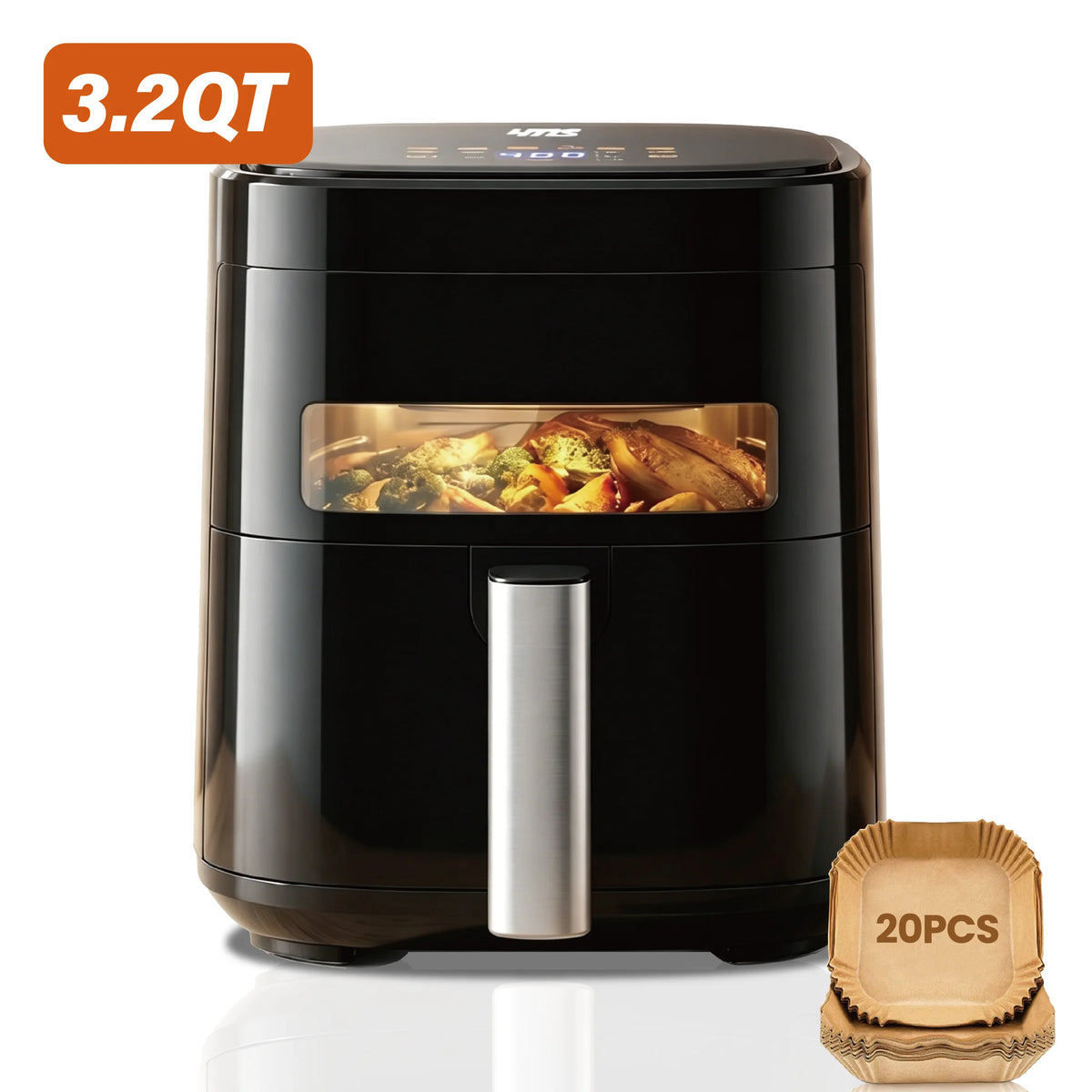Simple Deluxe 3.2QT Visible Window Air Fryer, 1200W Compact 8-in-1 Touchscreen Air Fryer for Dorms & Apartments shown from the front with a transparent viewing window and compact air fryer basket.