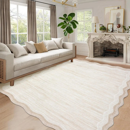 8 x 10 Beige Scalloped Area Rug, Washable Non-Slip Polyester with a Faux Wool Feel, scalloped beige area rug detail