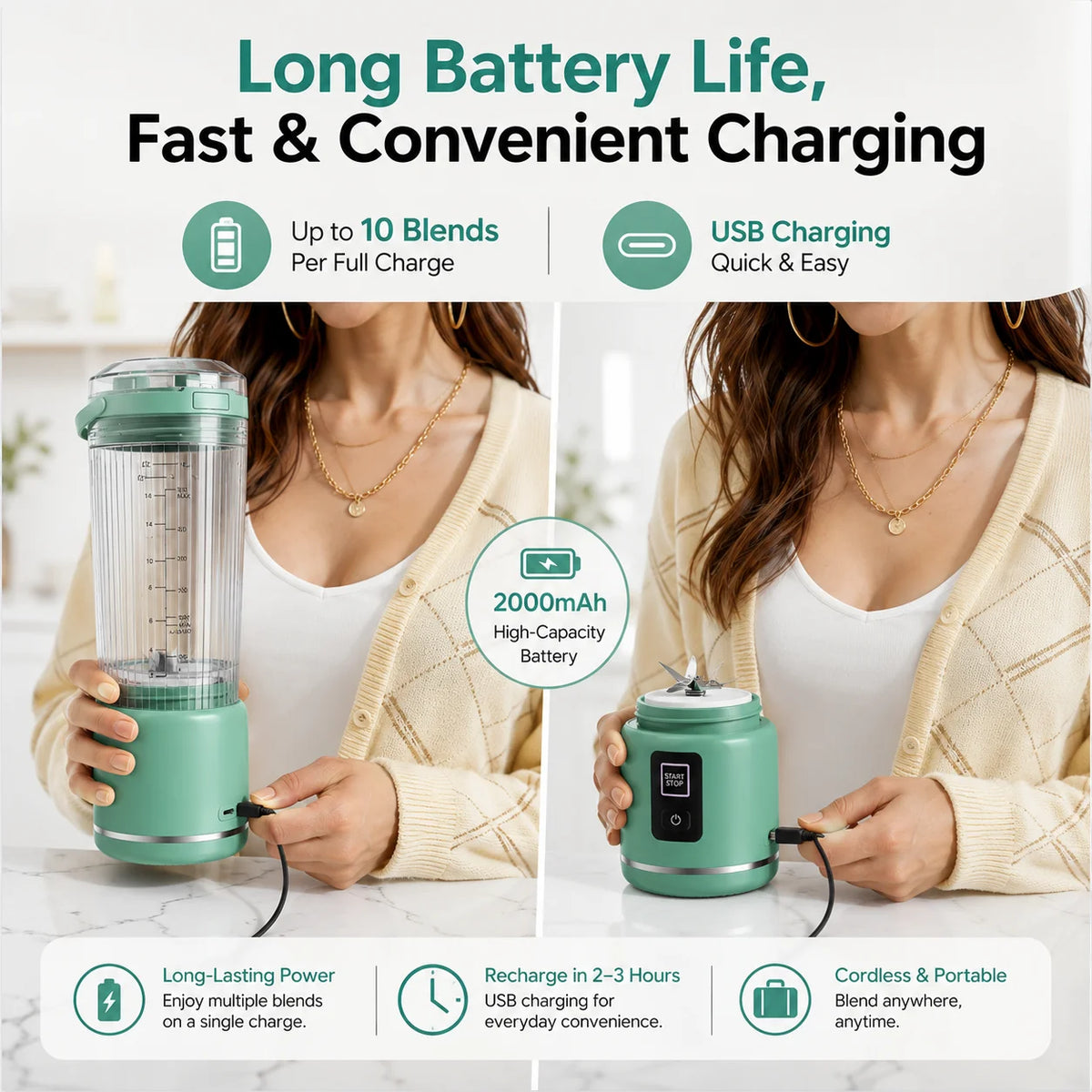 Portable 500ml USB Rechargeable Smoothie Maker with 6 Blades, 2 Modes & BPA-Free Travel Cup, portable smoothie blender for protein shakes