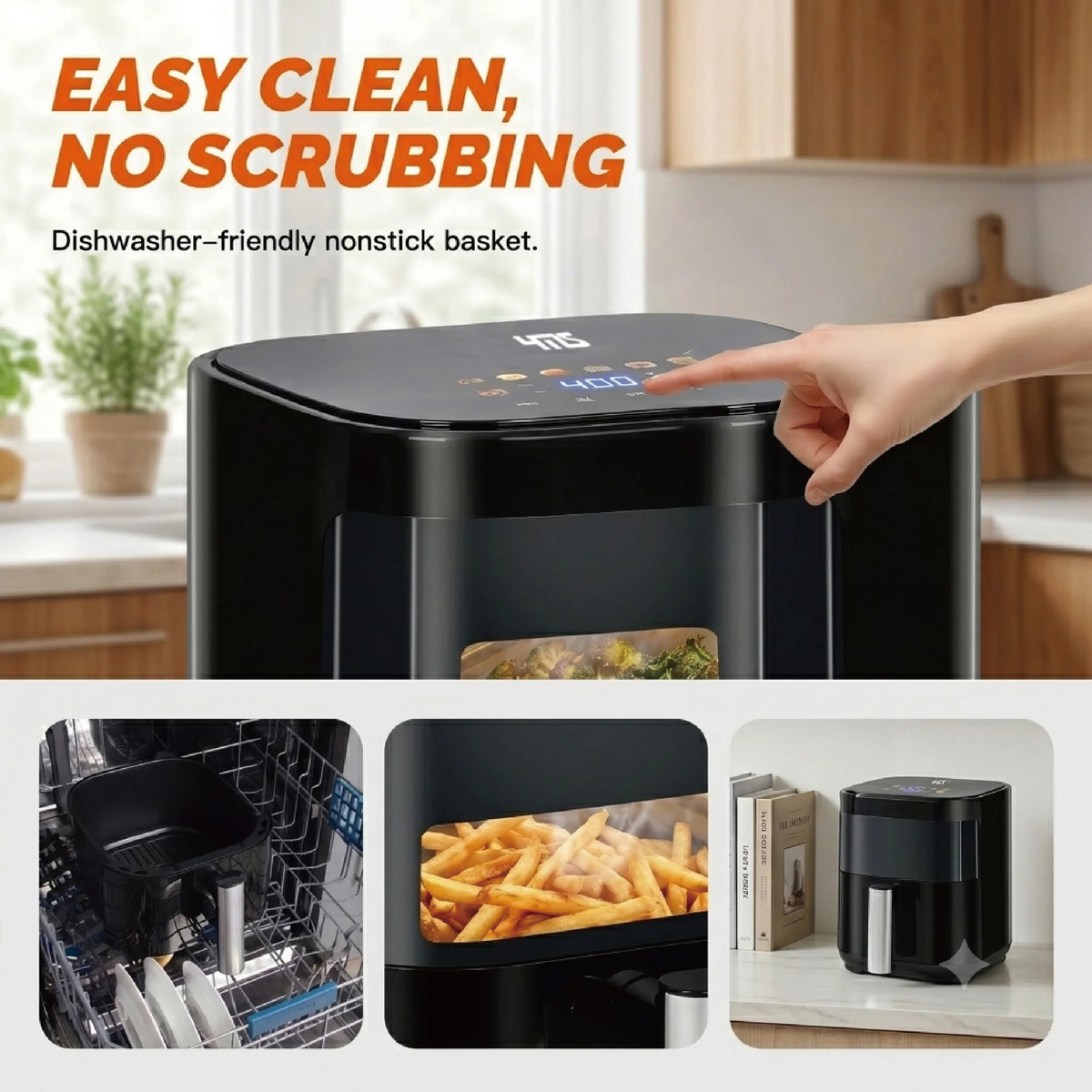 Simple Deluxe 3.2QT Visible Window Air Fryer, 1200W Compact 8-in-1 Touchscreen Air Fryer for Dorms & Apartments with food visible through the window during compact air fryer cooking.