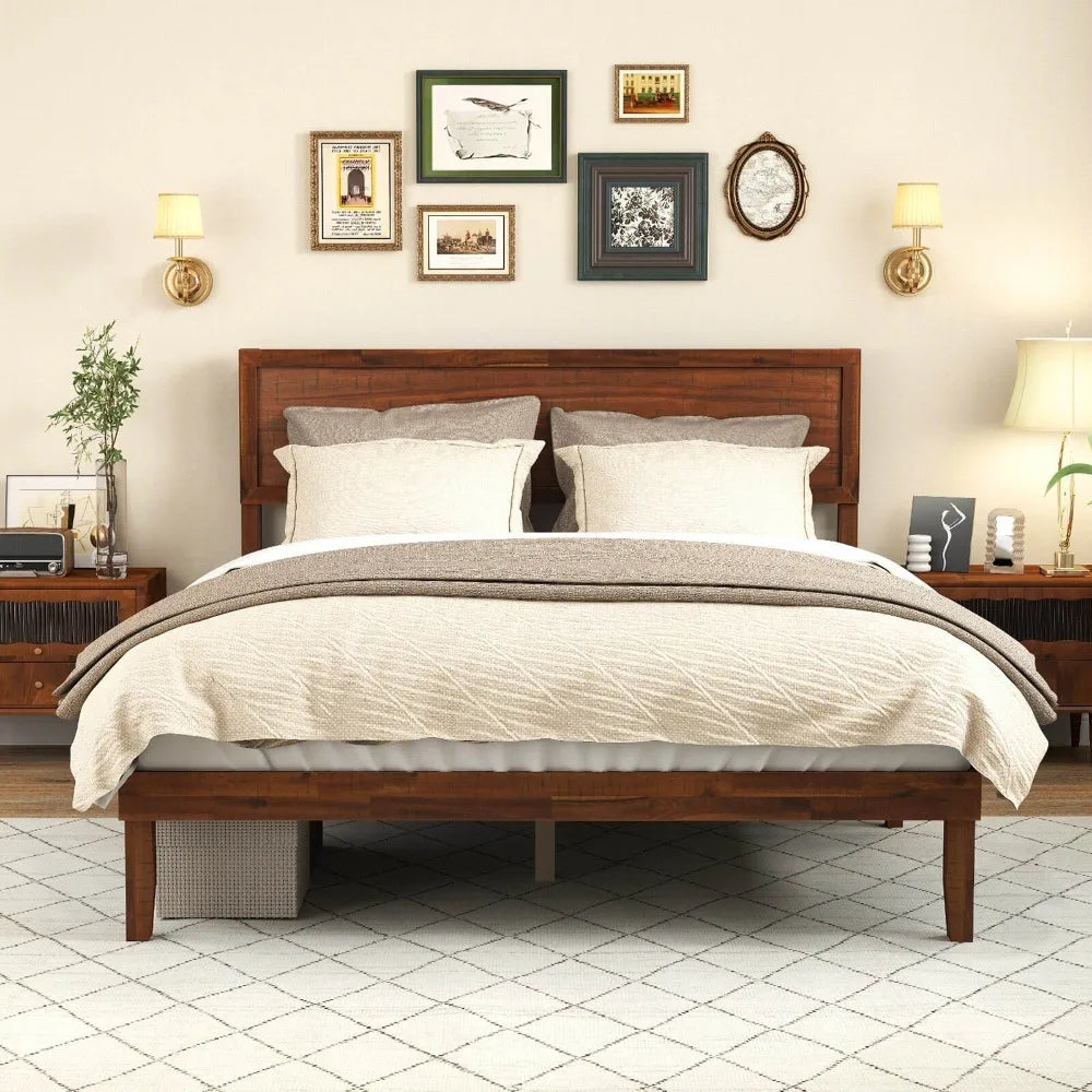Rustic Walnut Queen Platform Bed Frame with Retro Wood Headboard, Under‑Bed Storage & Solid Wood Slats – No Box Spring Needed for Cozy Modern Bedrooms
