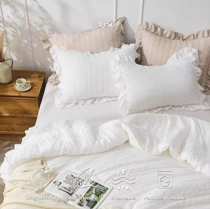 White Ruffle Comforter Set with a focus on its lightweight features suitable for all seasons, enhancing bedding comfort.
