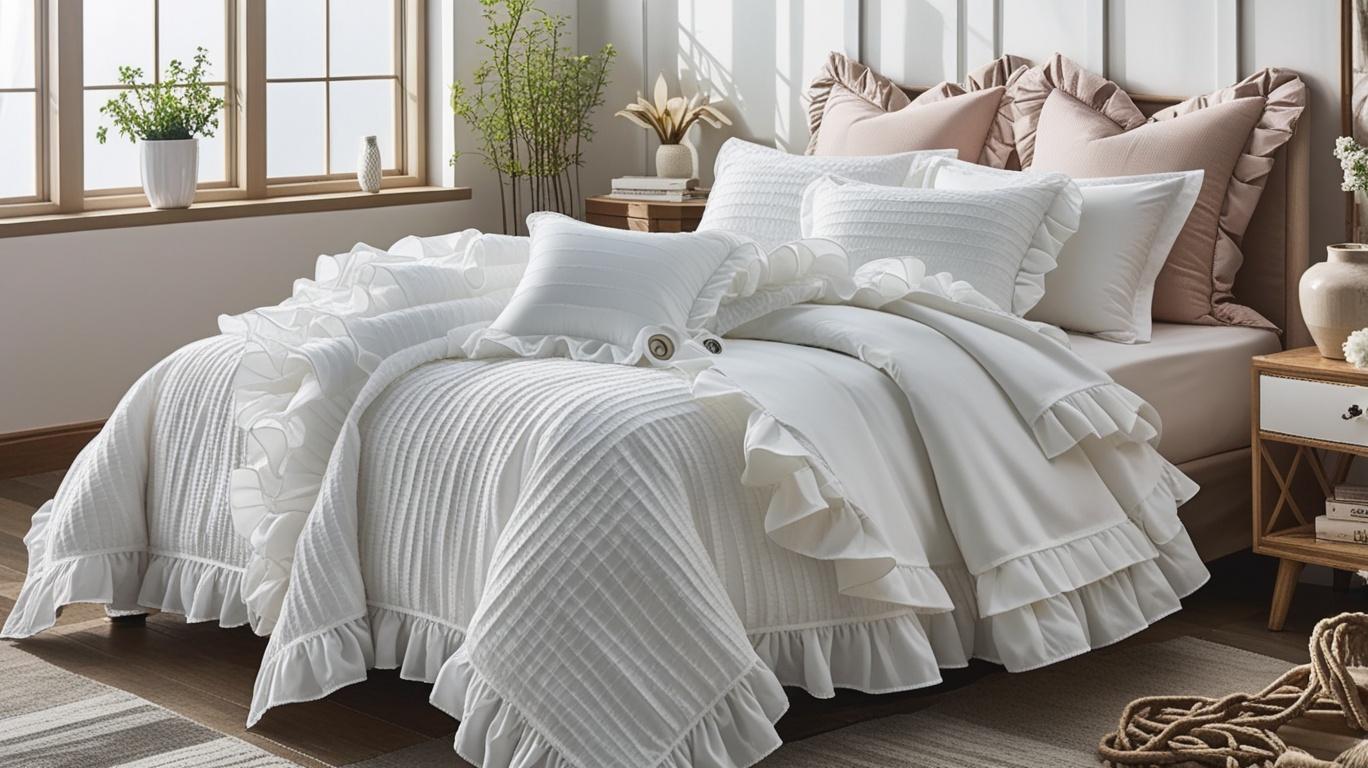 The White Ruffle Comforter Set displayed on crisp white sheets, emphasizing the clean and fresh look of the bedding.
