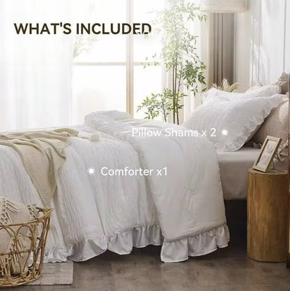 Full view of the White Ruffle Comforter Set, highlighting the soft microfiber texture and elegant details.