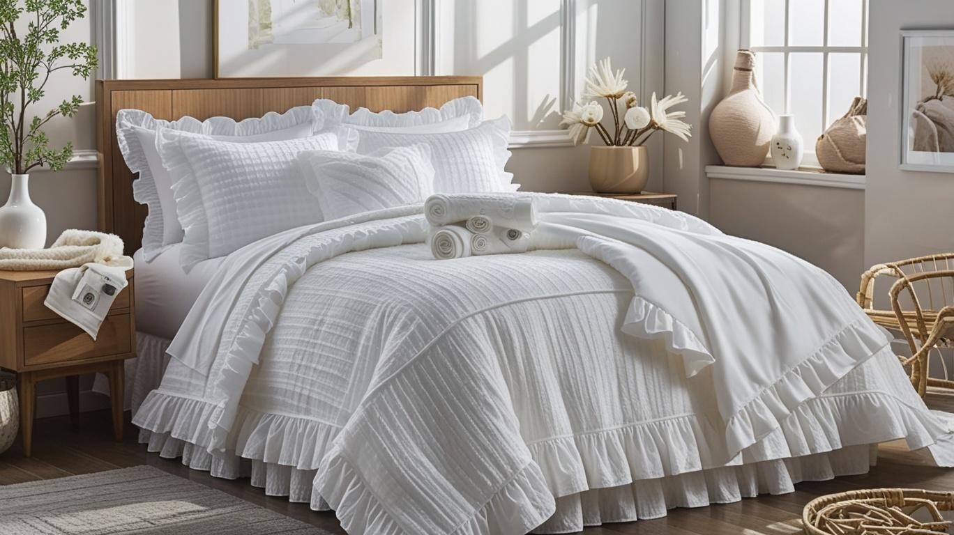 Artistic arrangement of the White Ruffle Comforter Set, showcasing its elegant and chic appearance.