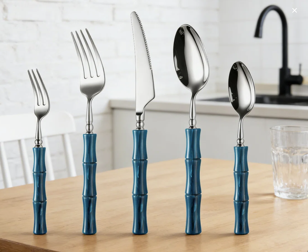 Flatware Set showcasing the beautiful bamboo-inspired design combined with durable stainless steel cutlery, perfect for a stylish and practical table setting.