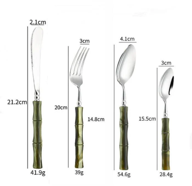 Flatware Set showcasing the elegant design of 18/10 stainless steel cutlery with bamboo green handles, perfect for adding charm to everyday meals.
