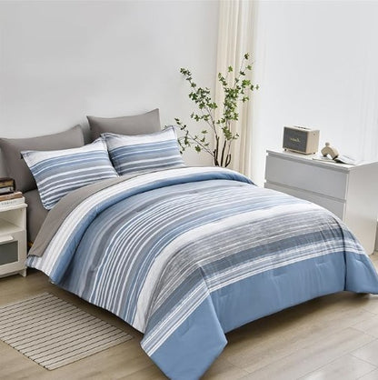Luxurious Light Blue Blue & White Striped Comforter Set made of soft microfiber bedding, perfect for a stylish and cozy bedroom update.