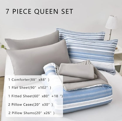 Light Blue Blue & White Striped Bedding Set including soft microfiber materials, perfect for modern coastal bedroom decor.
