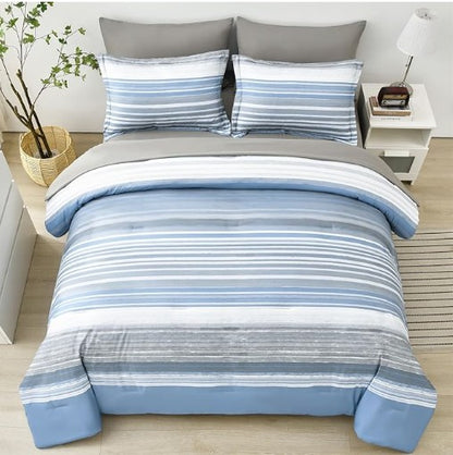 Elegant Light Blue Blue & White Striped Comforter Set with soft microfiber bedding that offers cloud-like comfort for a restful sleep.