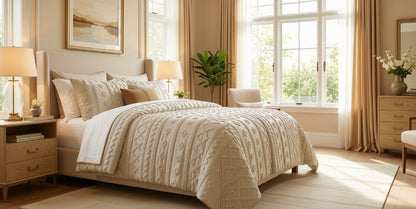 The Luxury Tufted Beige Comforter Set displayed with coordinating warm neutral tones for a completed boho-inspired look.