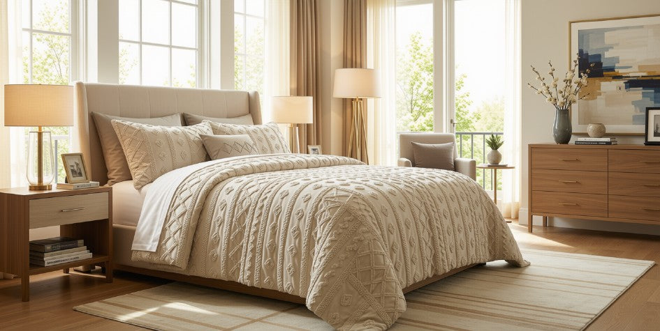 An image featuring the Luxury Tufted Beige Comforter Set, illustrating the stylish combination of function and elegance.