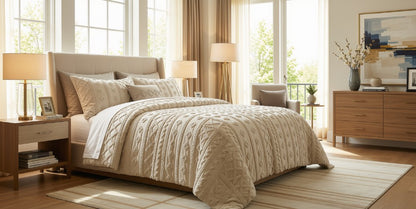 An image featuring the Luxury Tufted Beige Comforter Set, illustrating the stylish combination of function and elegance.