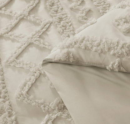 Luxury Tufted Beige Comforter Set including pillows and sheets, highlighting the fullness and comfort of the entire 7 Piece set.