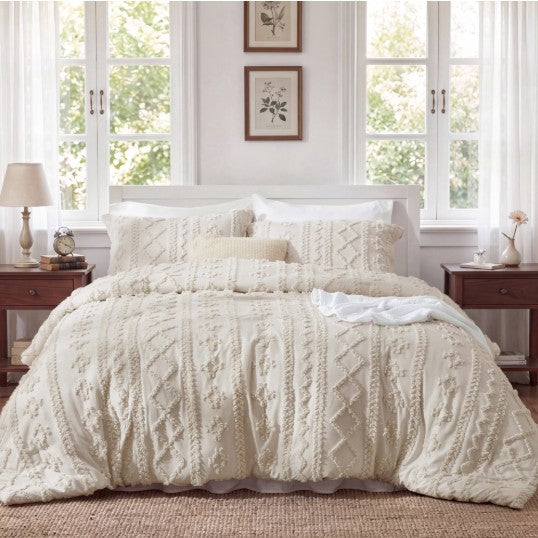 An aerial view of the Luxury Tufted Beige Comforter Set arranged on the bed, showcasing its design and layers.