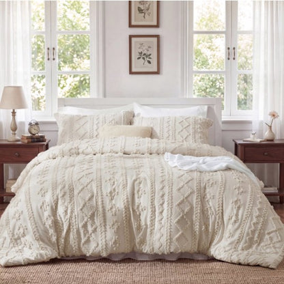 An aerial view of the Luxury Tufted Beige Comforter Set arranged on the bed, showcasing its design and layers.