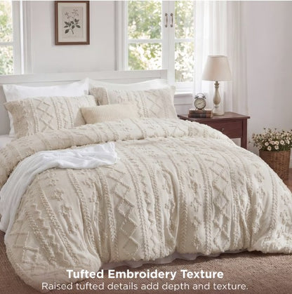 Luxury Tufted Beige Comforter Set installed in a serene bedroom setting, highlighting its calming design.