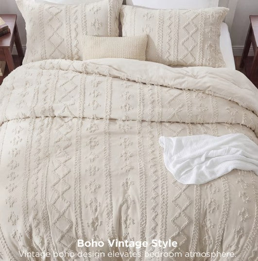 The Luxury Tufted Beige Comforter Set in a well-decorated room, representing the modern farmhouse look.