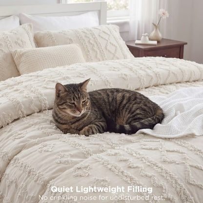 A close-up of the textured fabric of the Luxury Tufted Beige Comforter Set, emphasizing its quality and comfort.