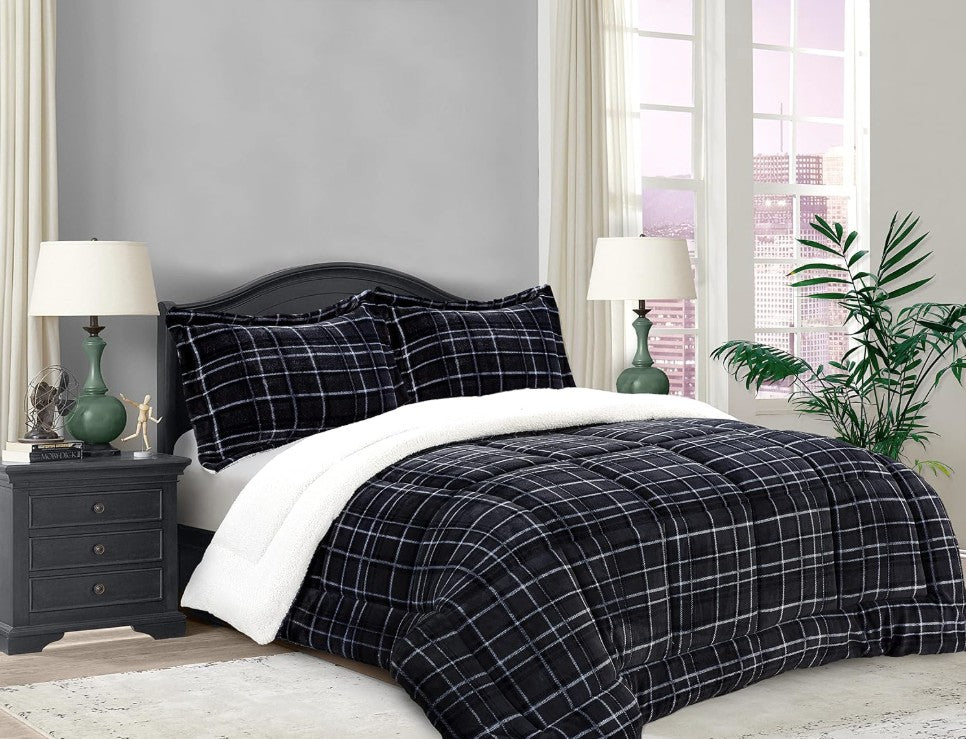 Close-up of the luxurious textures in the Luxury Plaid Sherpa Comforter Set for an inviting sleep space.