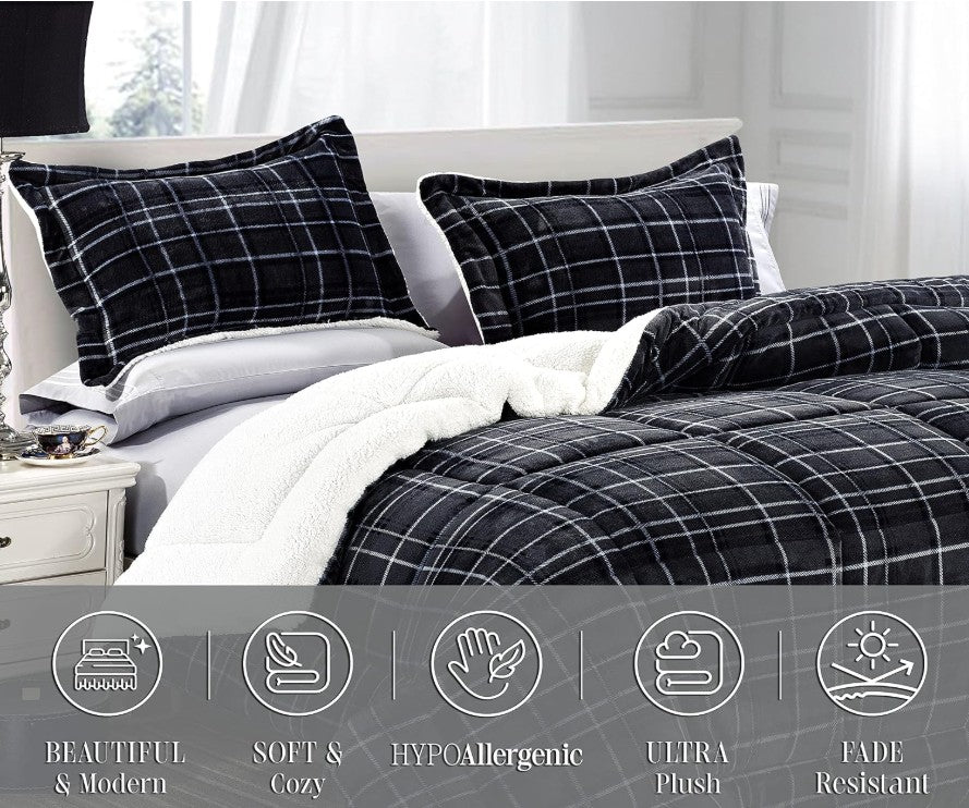 Detailed view of the baffle-box stitching on the Luxury Plaid Sherpa Comforter Set for long-lasting loft.