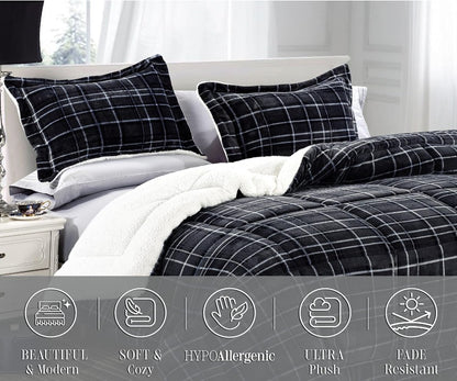 Detailed view of the baffle-box stitching on the Luxury Plaid Sherpa Comforter Set for long-lasting loft.