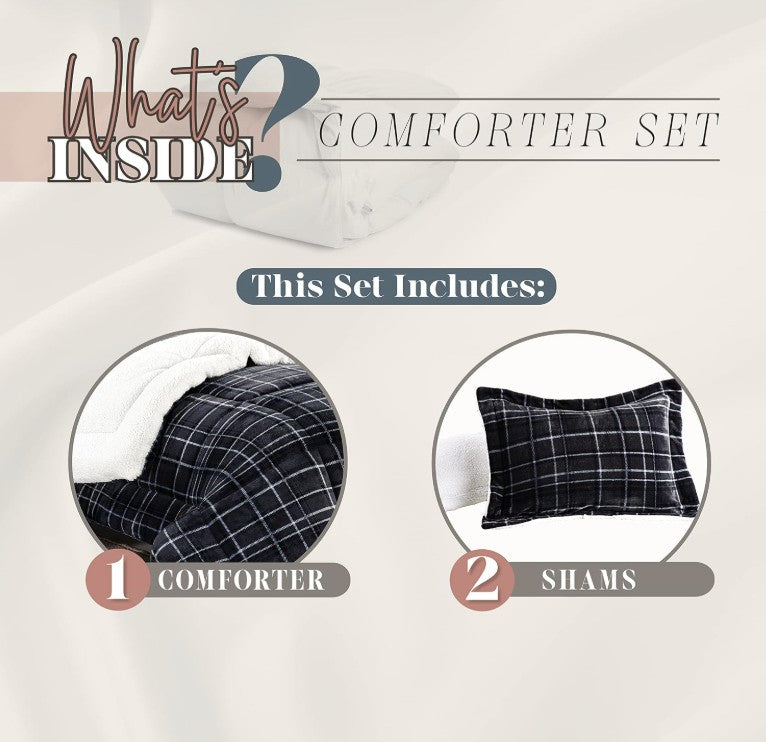 Luxury Plaid Sherpa Comforter Set styled with neutral bedding and textured throws for a cozy bedroom.
