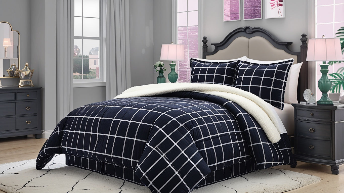 Transform your space with the Luxury Plaid Sherpa Comforter Set, combining warmth, style, and comfort.