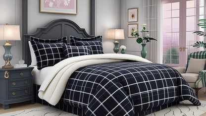 Luxury Plaid Sherpa Comforter Set displayed with minimalist decor to enhance its high-end look.