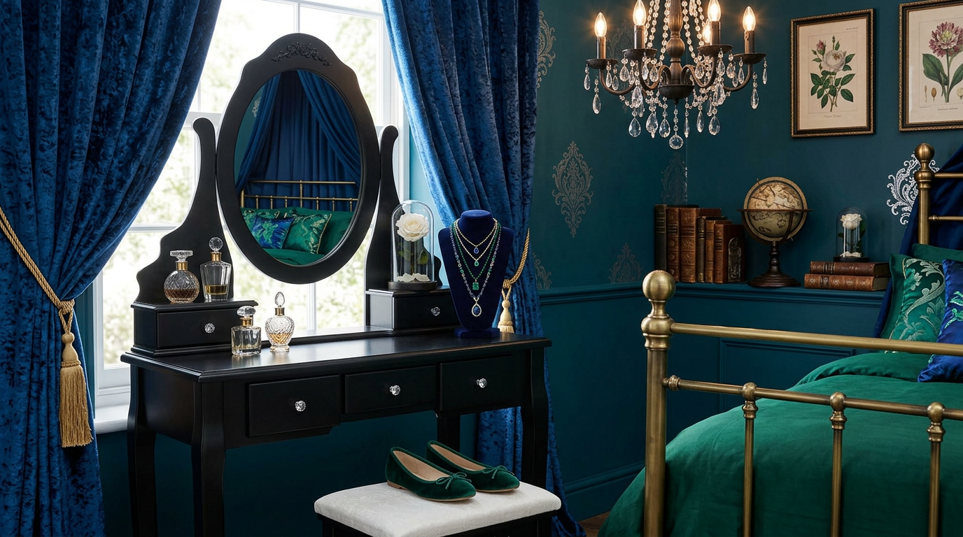 Complete setup of the Black Vanity Table Set, demonstrating a chic modern makeup vanity style.